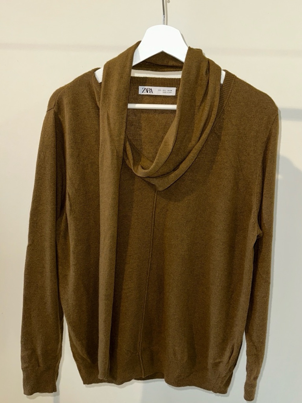 ZARA Brown Knit Pullover Sweater Tie Neck Waist soft thin spring summer  L